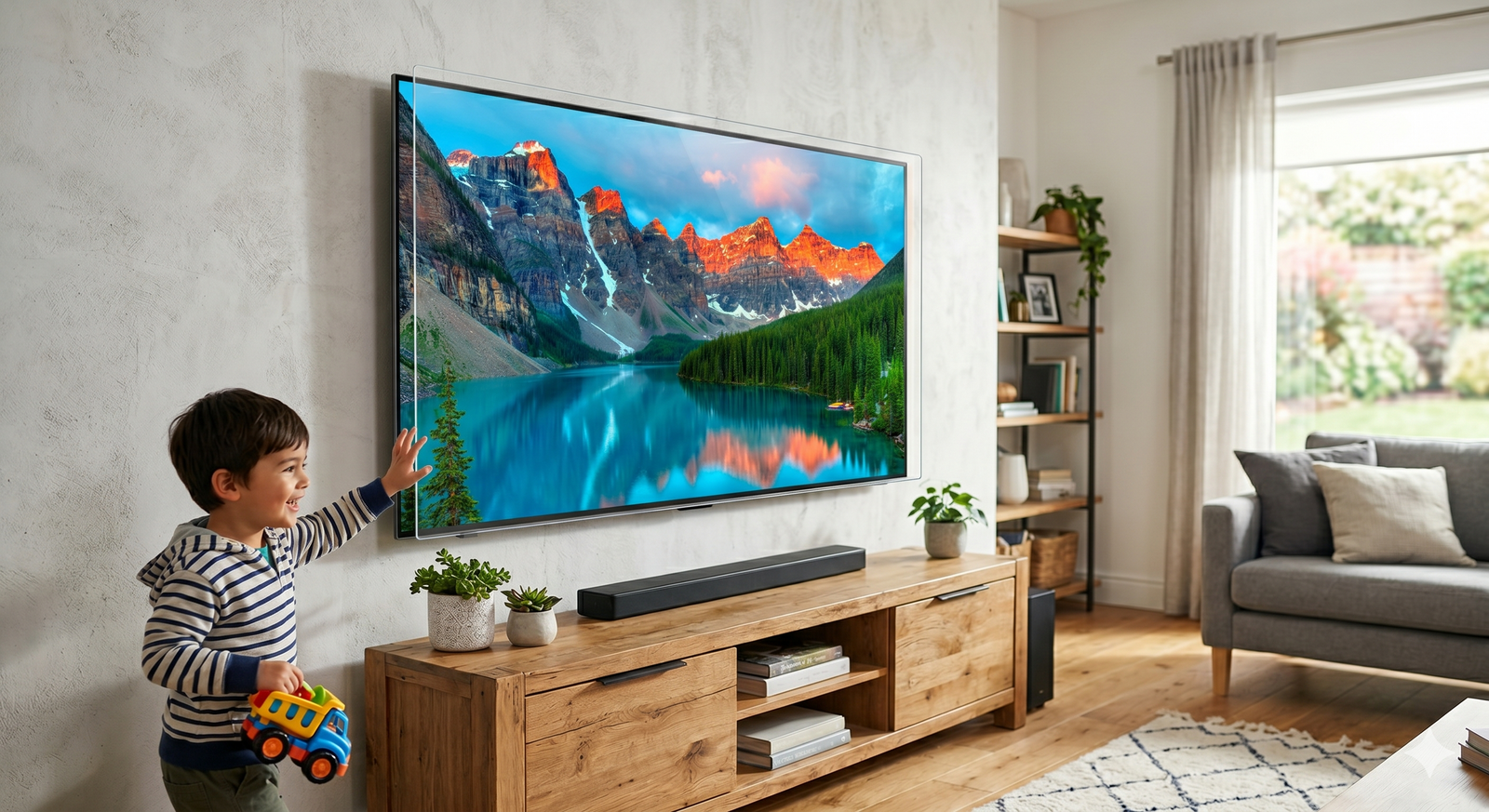 "A high-transparency, frameless TV screen protector installed on a wall-mounted television, protecting the display from impact and fingerprints while a toddler plays with a toy truck nearby in a modern living room