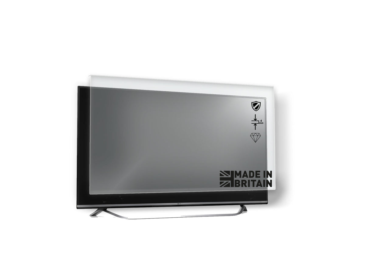 A clear TV screen protector is shown partially installed on a flat-screen television. The protector is slightly raised from the screen, and the text "MADE IN BRITAIN" is visible on the protector.