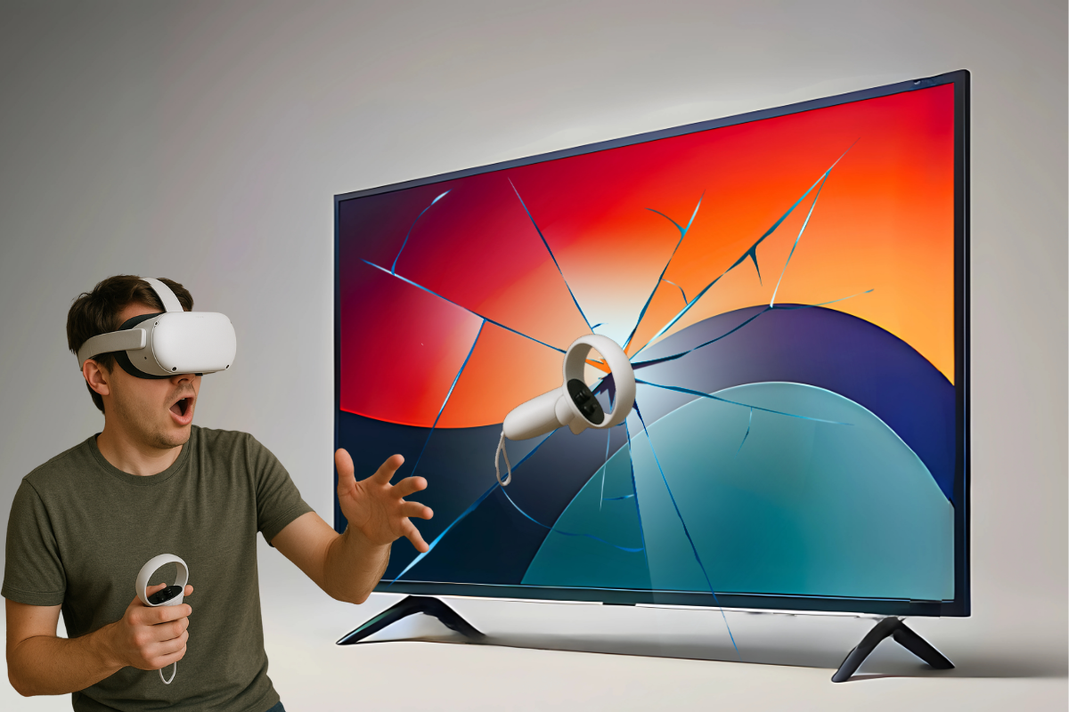Showcasing the importance of TV screen protection during active VR gaming. A person immersed in a VR experience with a headset and controllers is positioned in front of a large TV without a screen protector, showing potential accidental impact. The TV displays a colorful abstract pattern.