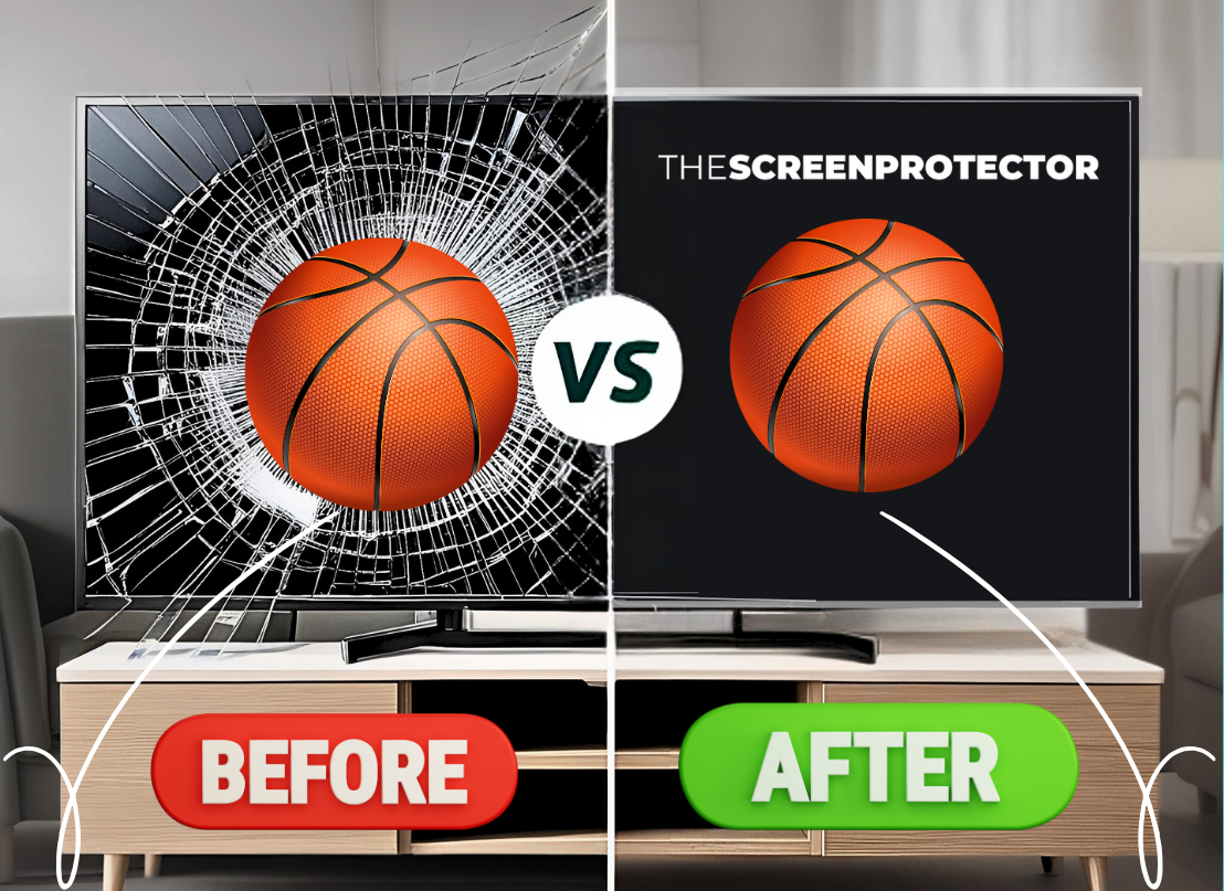 A split image showcases the effectiveness of a TV screen protector. On the left, labeled "BEFORE" in a red rounded rectangle, a flat-screen television displays a shattered screen with cracks radiating outwards from the impact of a basketball shown in the center. On the right, labeled "AFTER" in a green rounded rectangle, the same television displays the same basketball on an intact screen, protected by a clear screen protector with "THESCREENPROTECTOR" printed in white at the top. A large white circle with