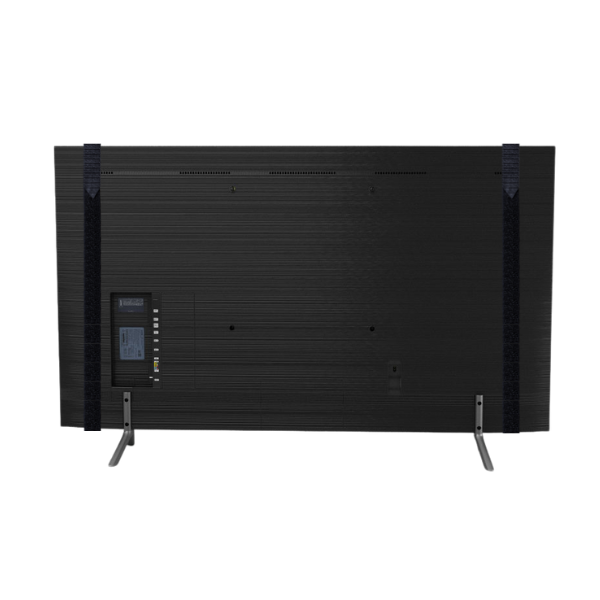 TV Screen Protector. The back of a 65 inch Smart 4K TV is shown with black straps attached to secure a screen protector. The straps wrap around the TV, with the connection ports visible on the left side.