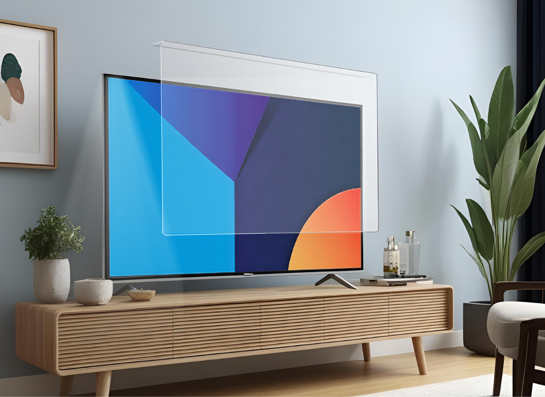 A clear acrylic TV screen protector is partially installed on a large flat-screen television displaying a vibrant abstract image with red, orange, purple, and blue curved shapes. The protector is held away from the screen at the top, revealing how it would fit over the display. The television is standing on a light wooden cabinet. In the blurred background, there is a modern interior with white shelves, a white vase, and a tall green plant. The wall behind the TV is light blue.