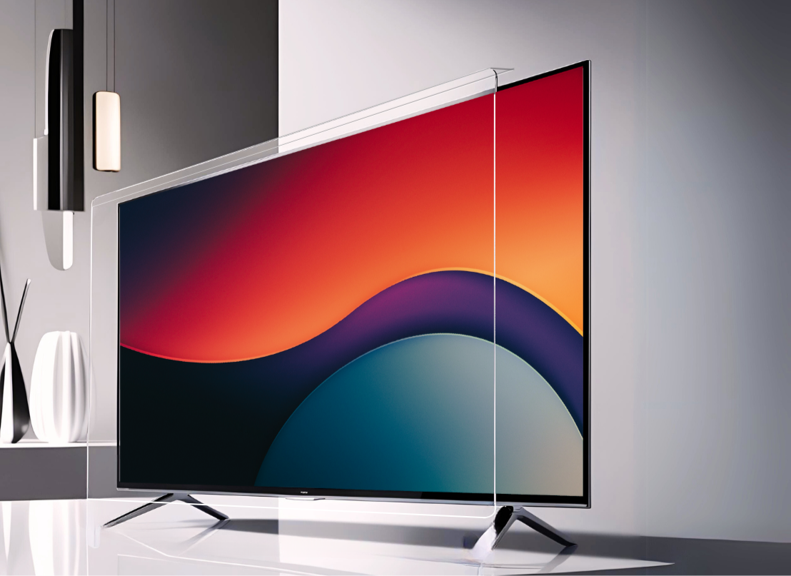 TV Screen Protector Ultima Clear. A clear acrylic TV screen protector is partially installed on a large flat-screen television displaying a vibrant abstract image with red, orange, purple, and blue curved shapes. The protector is held away from the screen at the top, revealing how it would fit over the display. The television is standing on a glossy white surface. In the blurred background, there is a modern interior with white shelves, a white vase, black decorative elements, and two hanging pendant lights