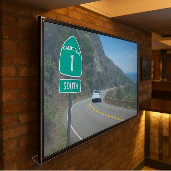 TV screen displaying a scenic view with a road and California highway sign, mounted on a brick wall.
