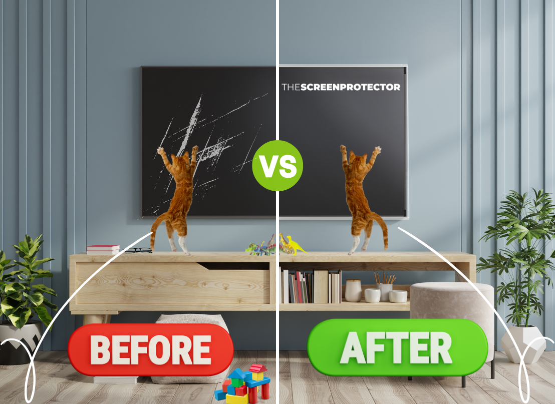 A split image shows a cat climbing on a TV. On the left, labeled &quot;BEFORE&quot; in a red rounded rectangle, the TV screen is scratched. On the right, labeled &quot;AFTER&quot; in a green rounded rectangle, the TV screen is protected by a screen protector with &quot;THESCREENPROTECTOR&quot; printed in white at the top. The cat is in the same position in both images.
