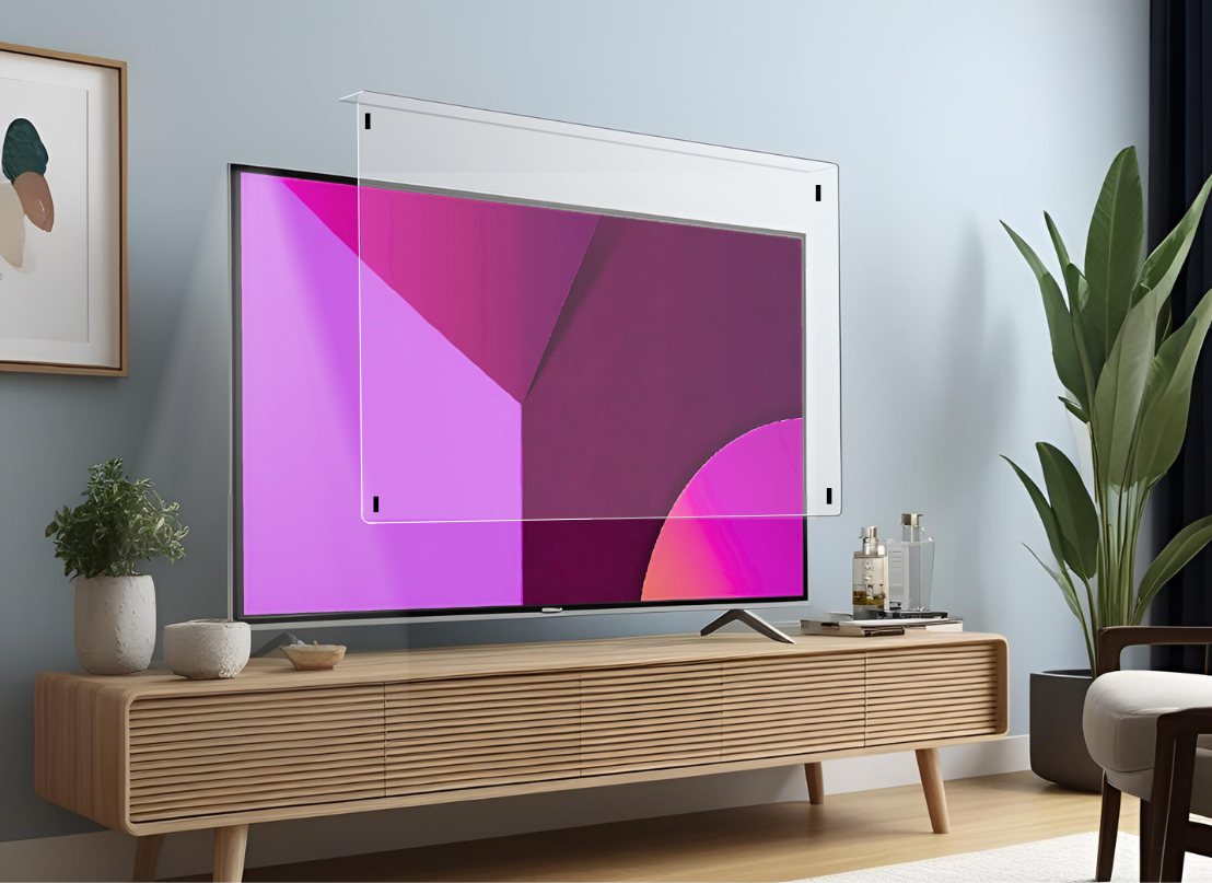 A clear acrylic TV screen protector with small black securing tabs at the top and bottom is shown partially installed on a flat-screen television displaying a vibrant abstract image with various shades of pink and purple. The protector is held slightly away from the screen, demonstrating how it would fit. The television sits on a light wooden media console. A framed picture, potted plants, and decorative bottles are visible on or near the console. The wall in the background is light blue.