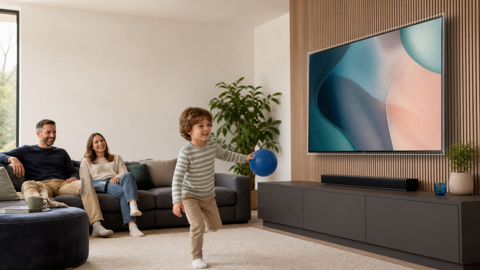 A family enjoying their living room with a protected television