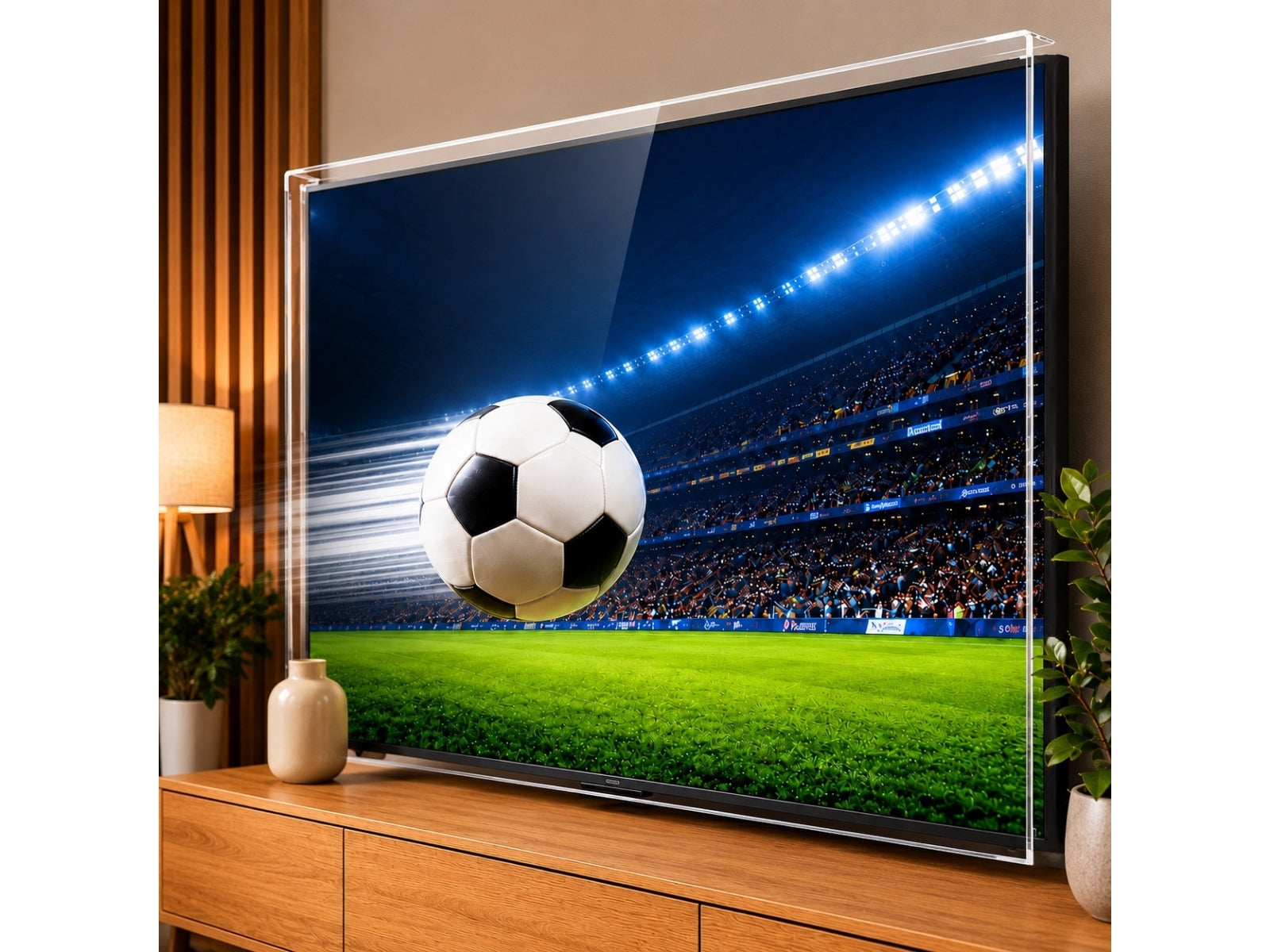 Premium Clear 4mm protector shielding a television from a football impact